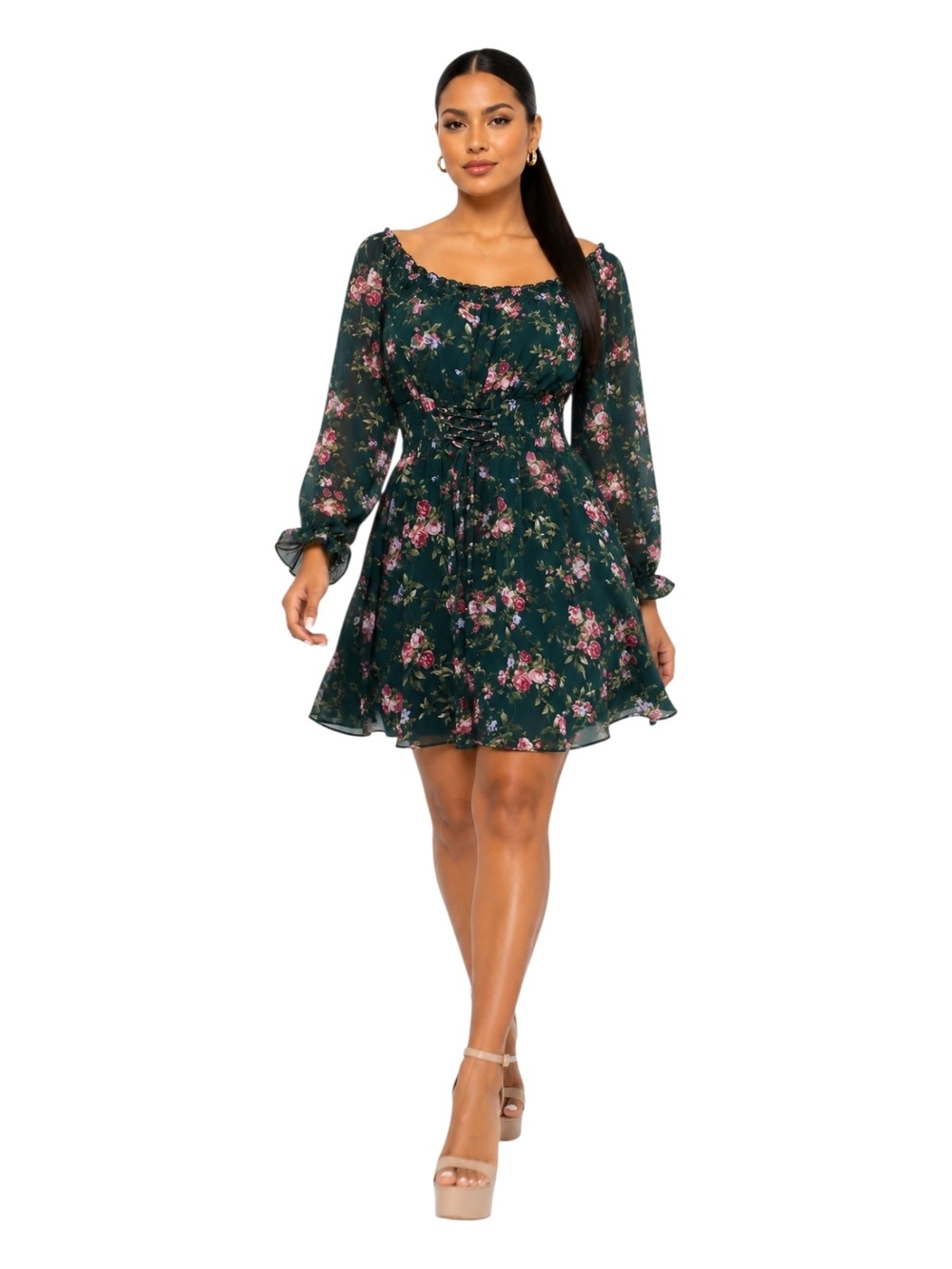 Forever 21 Dark Green Floral Square Neck Long Sleeve Mini Dress. Size L.